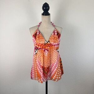 Milly Of New York  VTG Y2K Womens Silk Beaded Halter Top Blouse Orange Polkadot